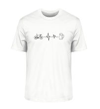 Lade das Bild in den Galerie-Viewer, Größe S - „Herzschlag, Fahrrad und Bier“ - Unisex T-Shirt in Weiß
