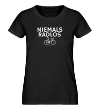 Lade das Bild in den Galerie-Viewer, Größe XL - „Niemals Radlos" - Frauen Premium Organic T-Shirt in Schwarz
