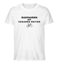 Lade das Bild in den Galerie-Viewer, Größe M - „Radfahren ist veganes reiten“ - Unisex T-Shirt in Weiß
